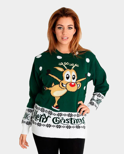 Jersey navideño verde para parejas con renos patinando