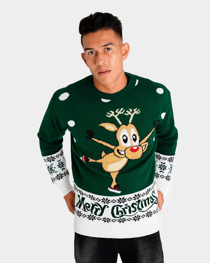 Green Christmas Sweater for Couples - Ice Skating Reindeer Design