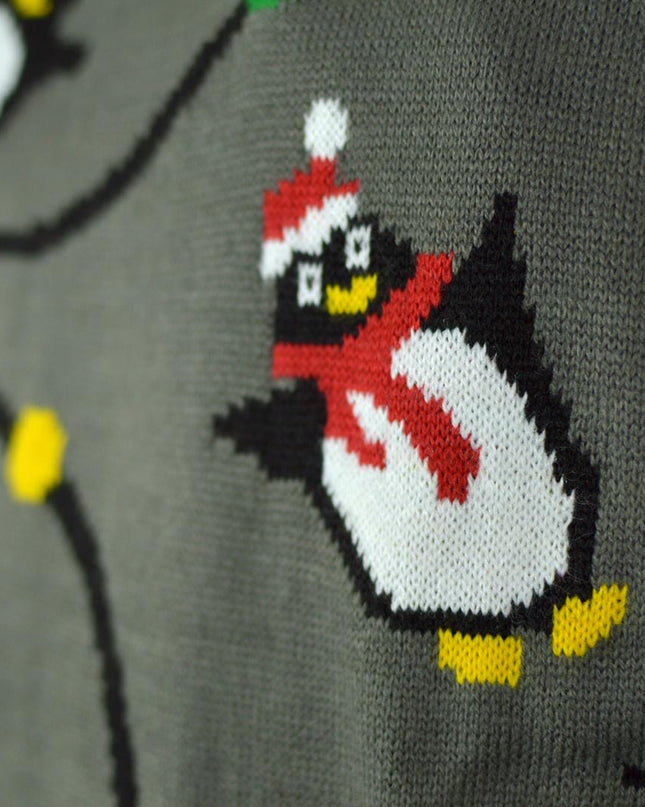 LED Gray Christmas Sweater for Men with Penguins