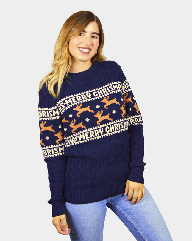 Women's Chic Blue Christmas Sweater with Reindeer in Organic Cotton