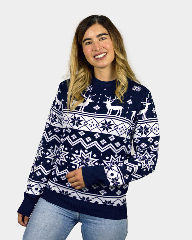 Kids Christmas Sweater Blue with Reindeer and Nordic Stars