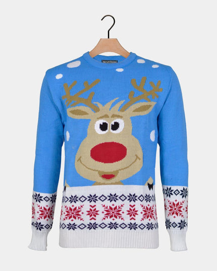 Sky Blue Christmas Sweater for Kids with Reindeer and Snow