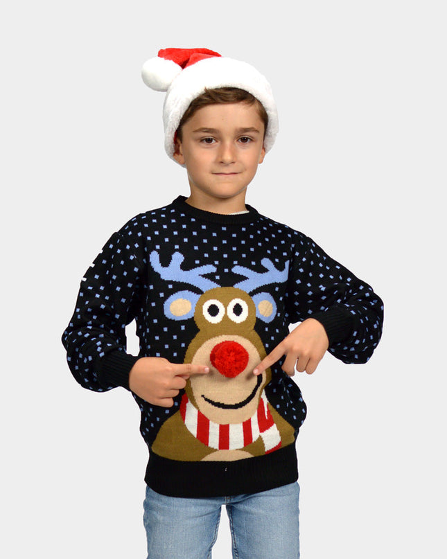 Kids Christmas Sweater Blue Reindeer with 3D Red Nose