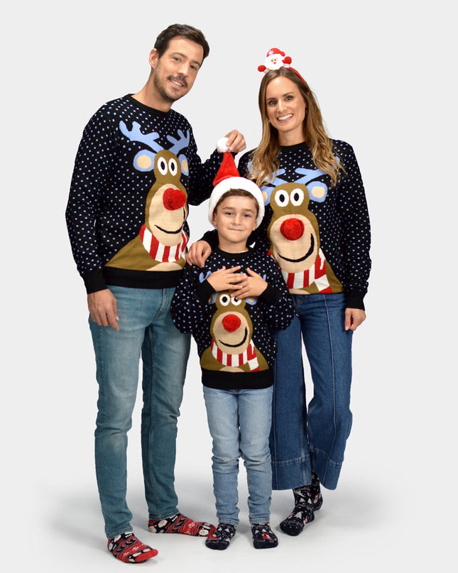Kids Christmas Sweater Blue Reindeer with 3D Red Nose