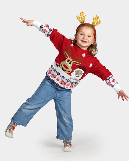 Family Christmas Sweater with Smiling Reindeer and Holiday Theme