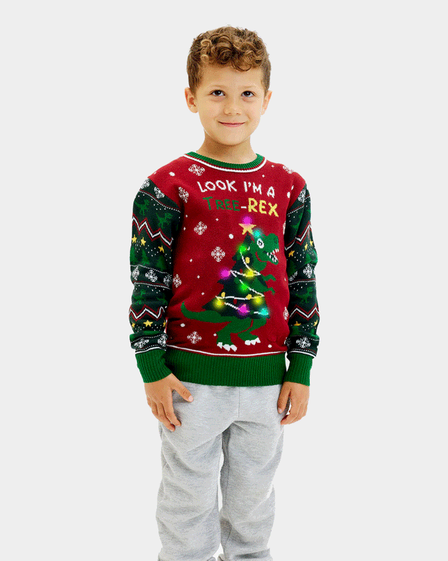 LED lysende julesweater med Tree-Rex til børn