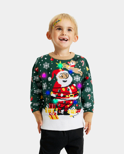 LED lysende julesweater til børn med bundet julemand