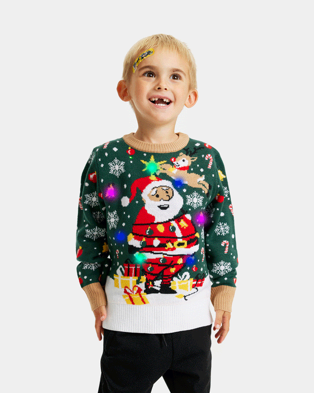 LED lysende julesweater til børn med bundet julemand