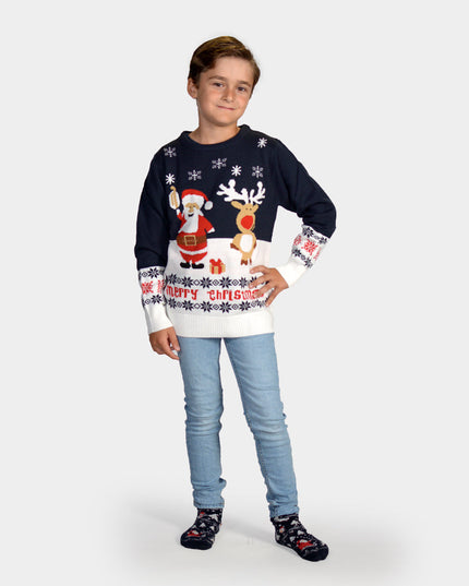 Kids Christmas Sweater Blue Santa and Rudolph Design