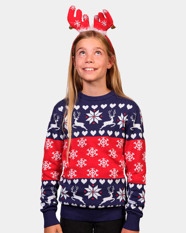 Blå og røde hjerter Reindeer julesweater til børn