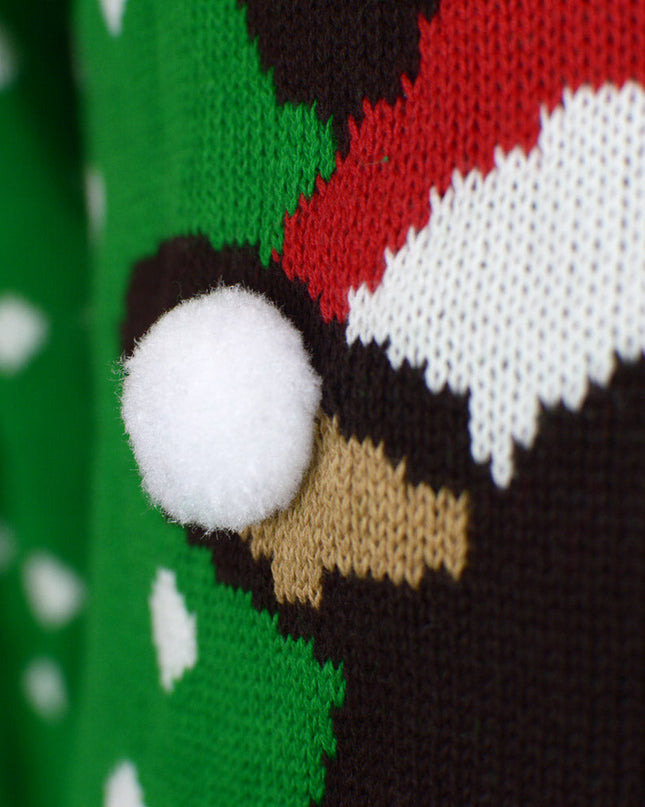 Kids Christmas Sweater Green Reindeer with 3D Santa Hat