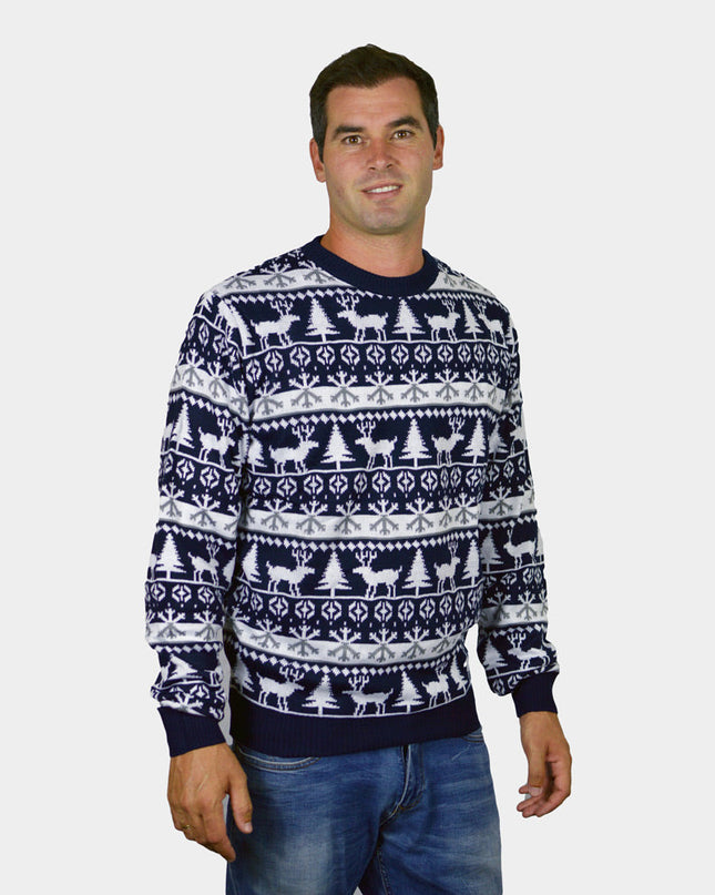 Family Christmas Sweater with Stripes, Reindeer, and Trees