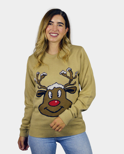 Beige Christmas Sweater with Smiling Reindeer | Outlet Sale