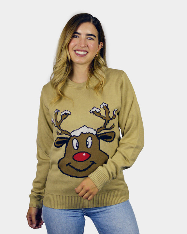 Beige Christmas Sweater with Smiling Reindeer | Outlet Sale