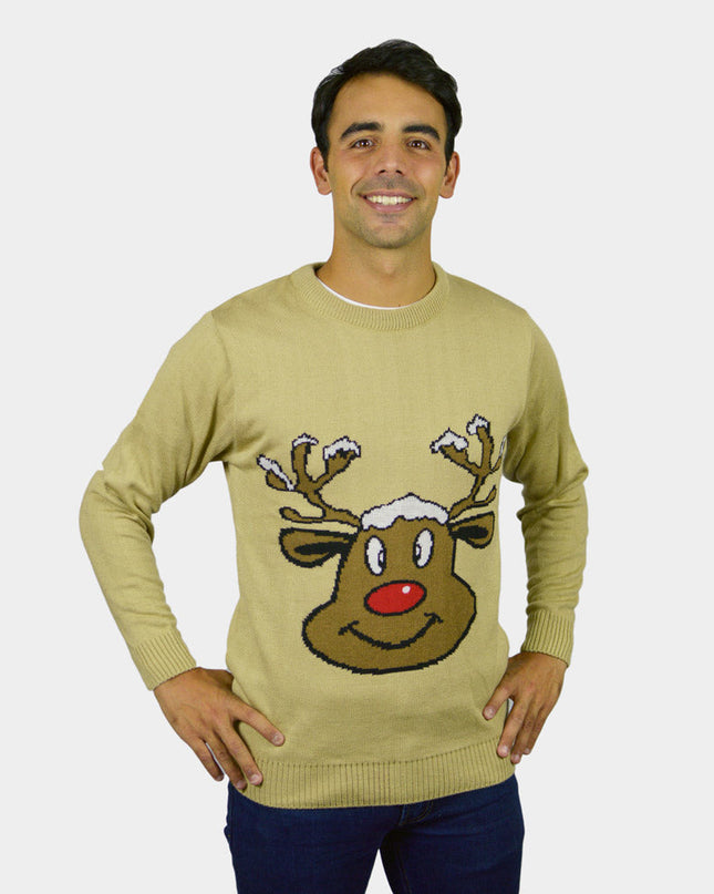 Beige Christmas Sweater with Smiling Reindeer | Outlet Sale