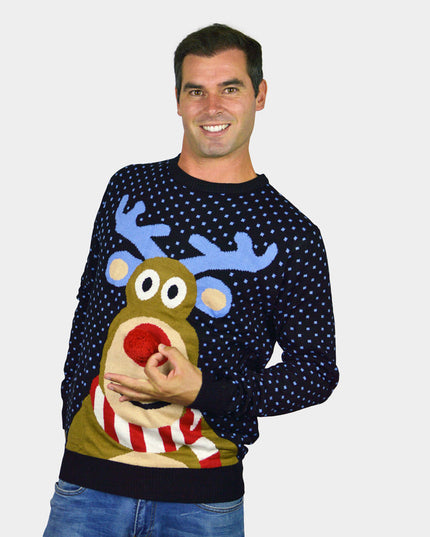 Family Christmas Sweater Blue with 3D Red-Nosed Reindeer