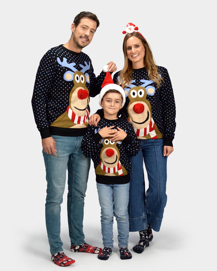 Family Christmas Sweater Blue with 3D Red-Nosed Reindeer
