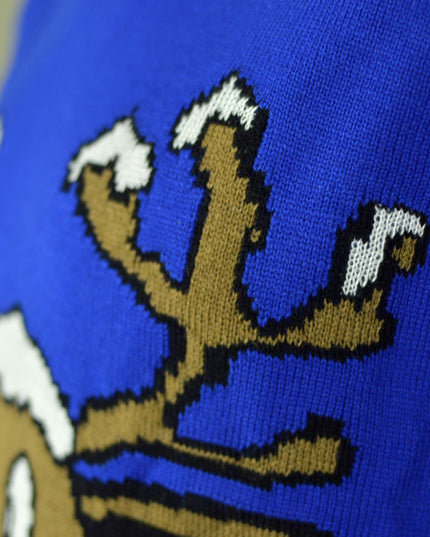 Blue Christmas Sweater with Smiling Reindeer | Outlet Sale