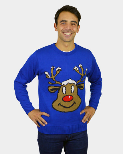 Christmas Sweater for Family Blue with Smiling Reindeer