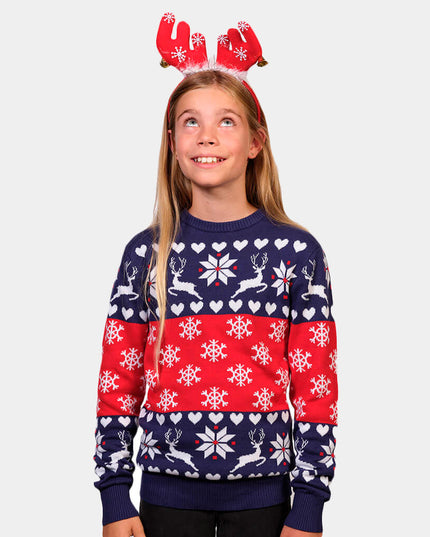Blue and Red Family Christmas Sweater with Reindeer and Hearts