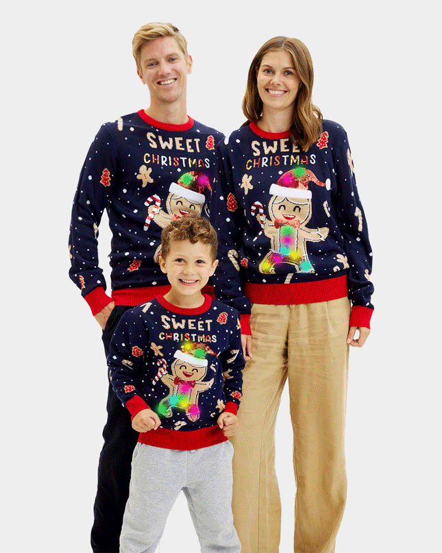 LED Christmas Sweater for Family with Blue Ginger Cookie
