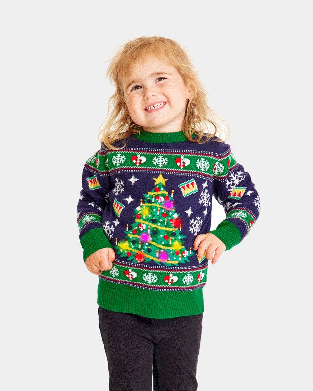 LED Christmas Sweater for Family with Blue Christmas Tree