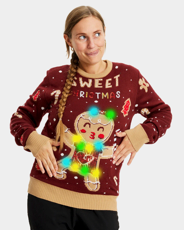 LED Christmas Sweater for Family with Red Ginger Cookie Design