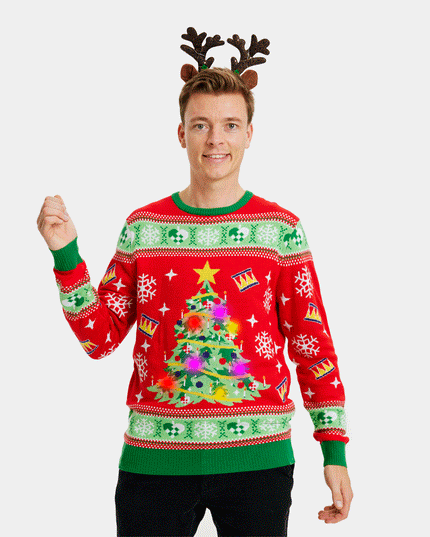 LED Christmas Sweater for Family with Red Christmas Tree