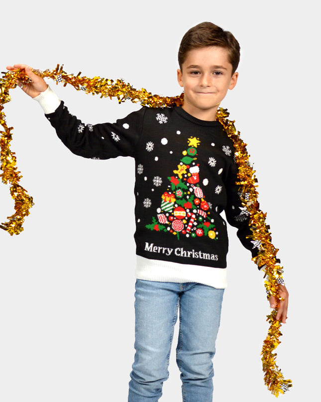 Black Christmas Sweater for Family with Christmas Tree Design
