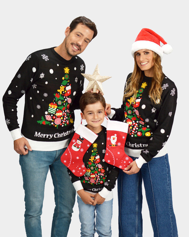 Black Christmas Sweater for Family with Christmas Tree Design