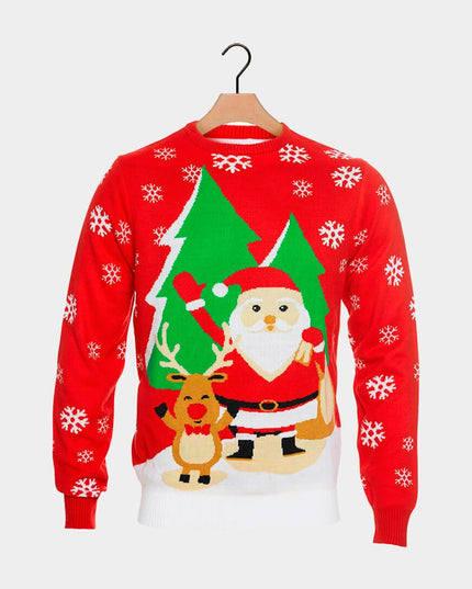 Red Christmas Sweater for Family with Santa and Saluting Reindeer