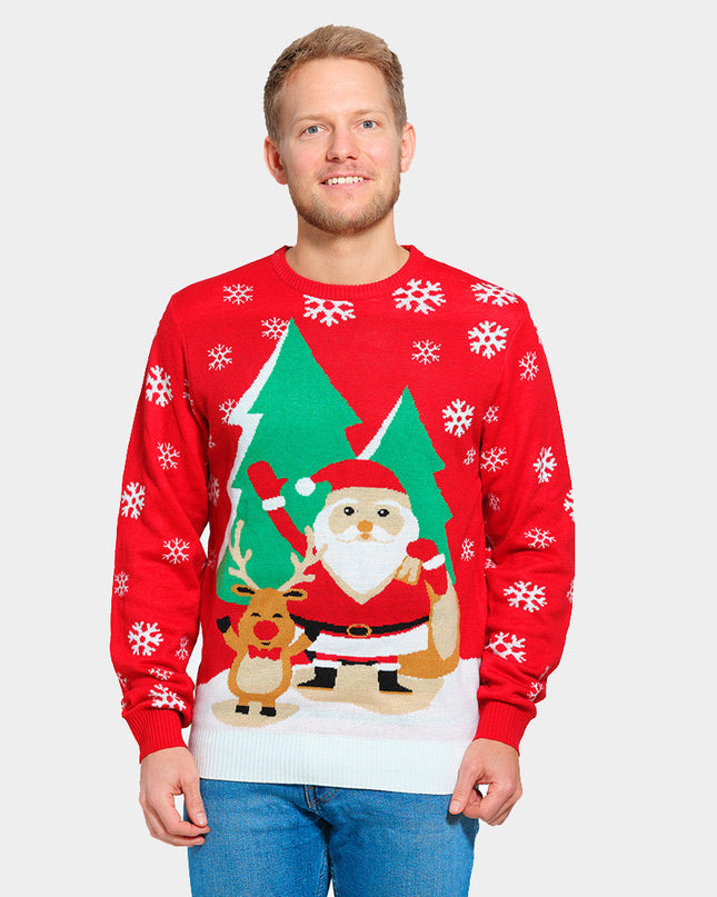 Red Christmas Sweater for Family with Santa and Saluting Reindeer