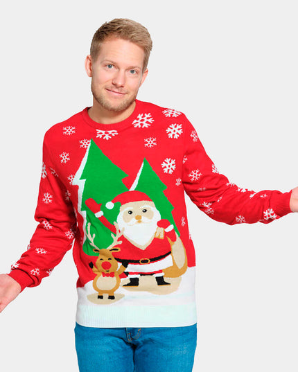 Women's Red Christmas Sweater Featuring Santa and Saluting Reindeer