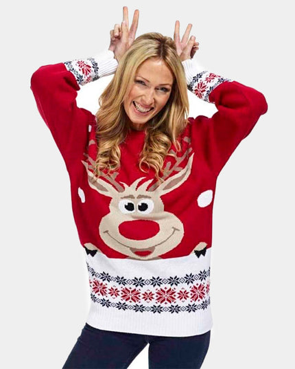 Red Christmas Sweater for Family with Reindeer and Snow Theme