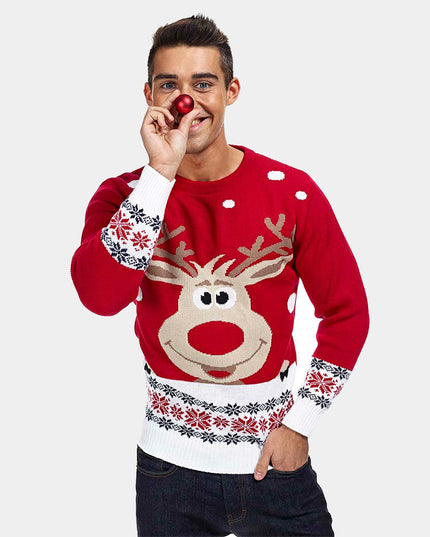 Red Christmas Sweater for Family with Reindeer and Snow Theme