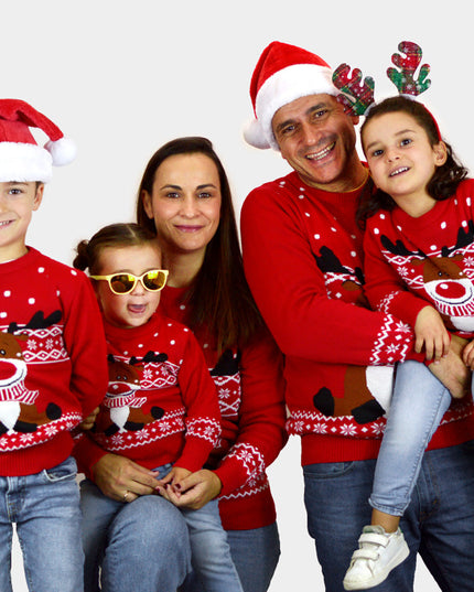 Jersey de Navidad Rojo para la Familia con Bufanda de Rudolph el Reno