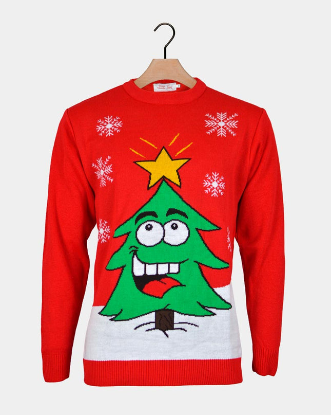 Christmas Sweater for Family Red with Smiling Christmas Tree