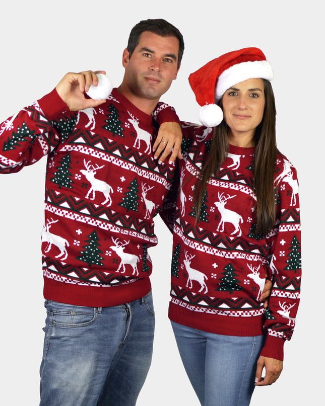 Red Family Christmas Sweater with Christmas Trees and Reindeer