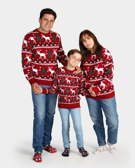 Suéter de Navidad Rojo para la Familia con Árboles y Renos