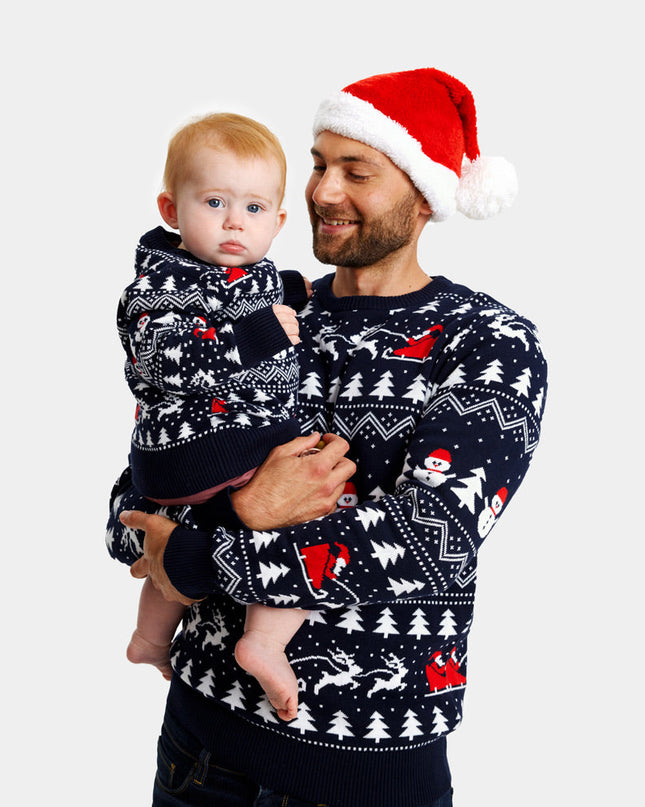 Family Christmas Sweater Blue with Trees, Snowmen, and Santa in Organic Cotton