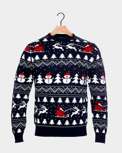 Family Christmas Sweater Blue with Trees, Snowmen, and Santa in Organic Cotton