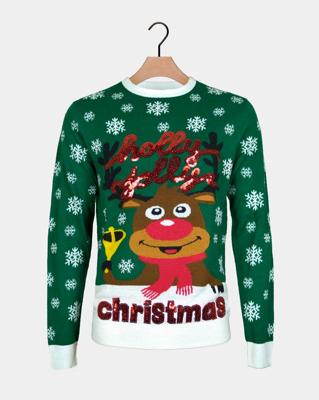 Family Christmas Sweater Green "Holly Jolly" with Sequins