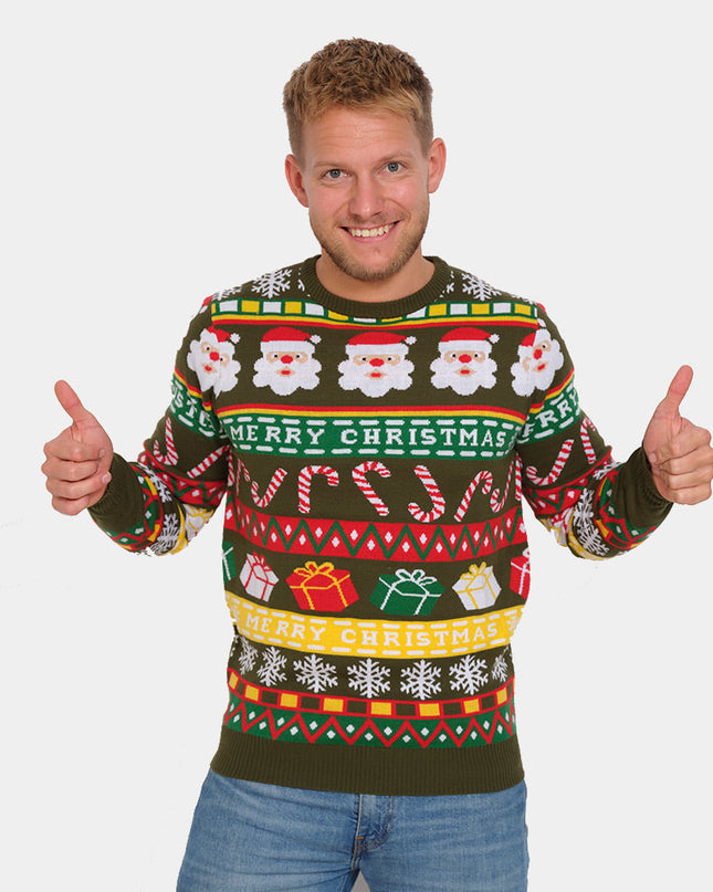 Green Christmas Sweater with Santa and Gifts