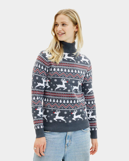 Jersey de Navidad Orgánico de Algodón con Cuello Alto Gris para Mujeres con Reno