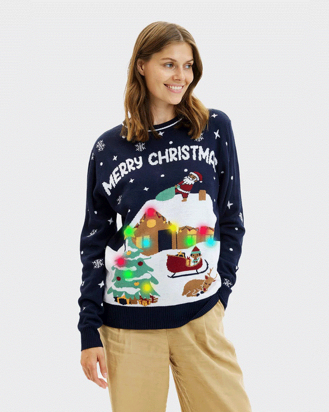 Women's Blue LED Christmas Sweater with Merry Christmas Design