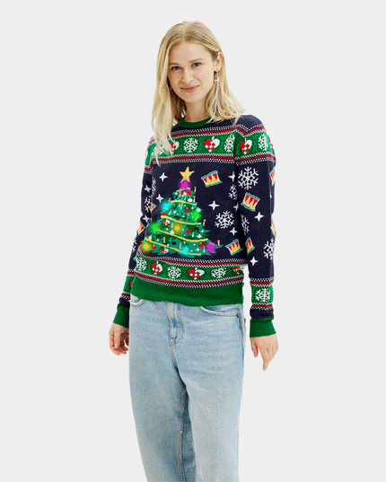Women's Blue LED Christmas Sweater with Christmas Tree