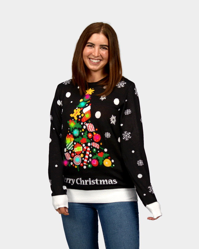 Women's Black LED Christmas Sweater with Christmas Tree