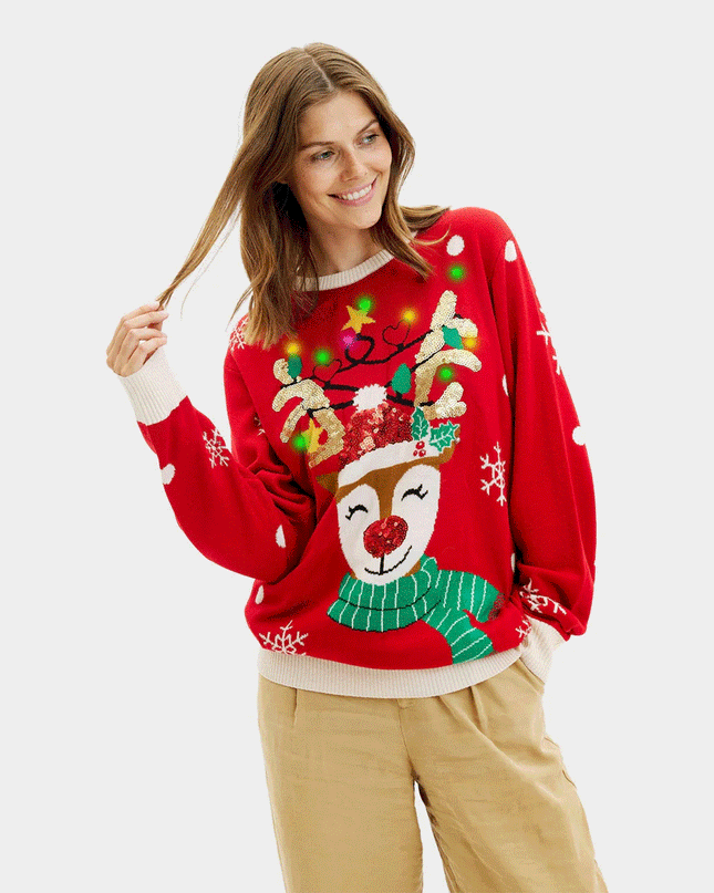 Lysende LED Skinnende Rensdyr Par Christmas Sweater med Glitter