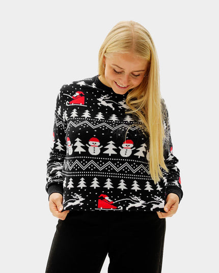 Couple's Christmas Sweater Black with Trees and Snowmen