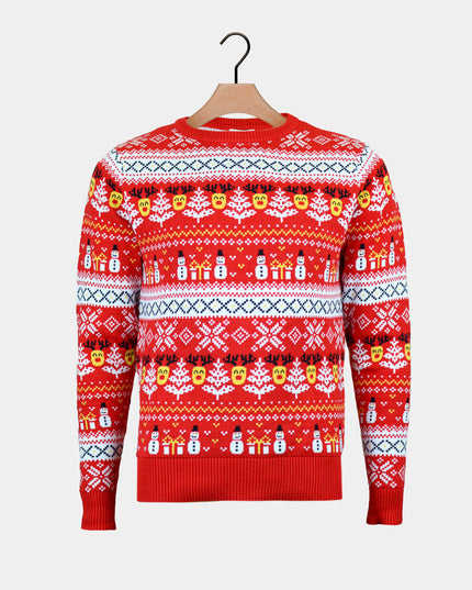 Women's Red Christmas Sweater with Snowmen and Christmas Trees